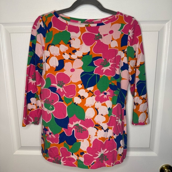Talbots Pink Bright Colorful Floral Shirt with 3/4 Sleeves Size Small Petite GUC - Picture 1 of 5